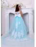 Illusion Neck Blue Lace Tulle Long Flower Girl Dress Illusion Neck Blue Lace Tulle Long Flower Girl Dress